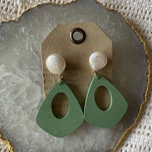Anthropologie mint green wood and pearl earrings